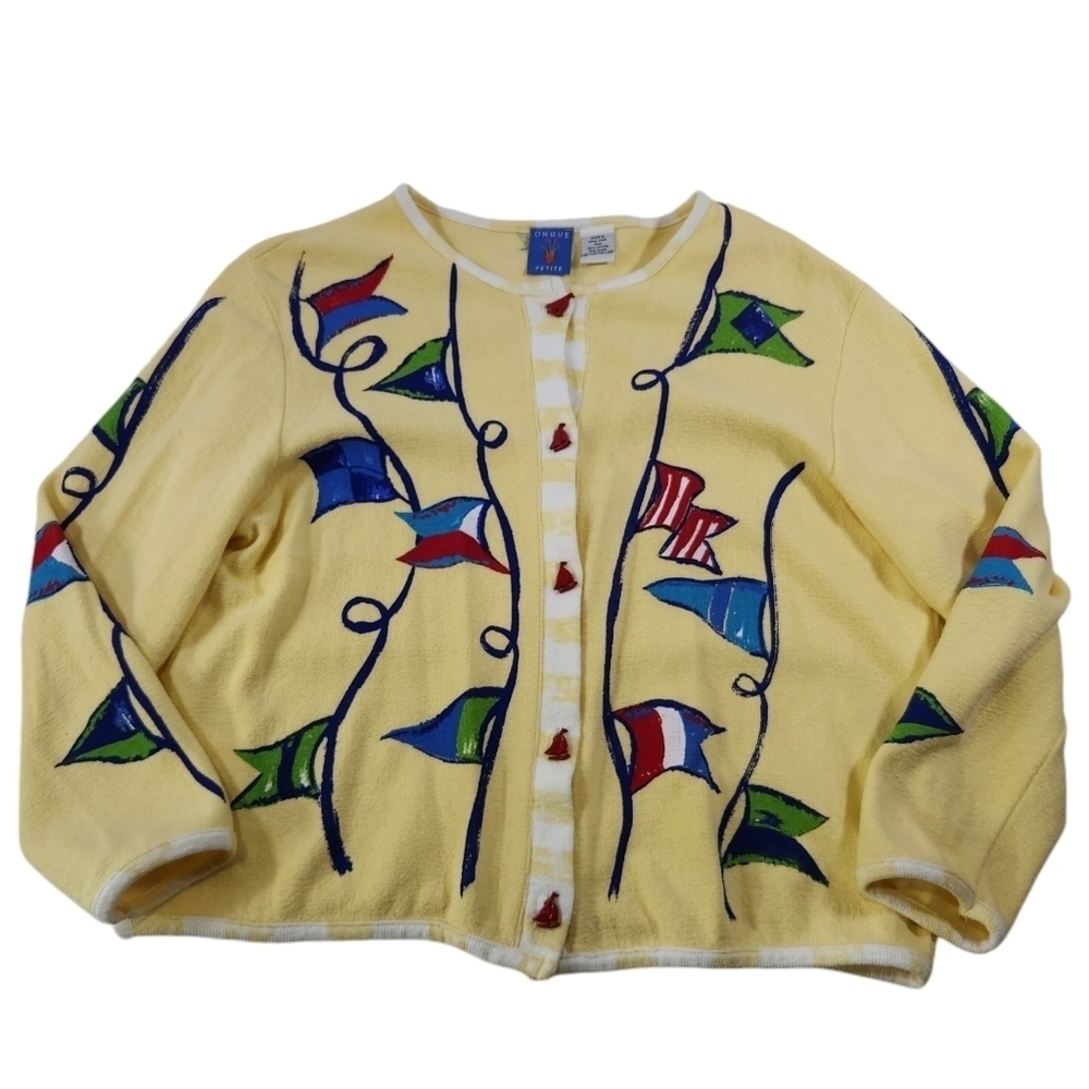 Onque Petite Women's Size PM Yellow Nautical Lightweight Sweater Cardigan VTG